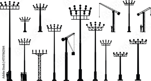 Airport lighting towers and construction cranes silhouette with engineers working on maintenance, runway illumination, and industrial structure design vector illustration