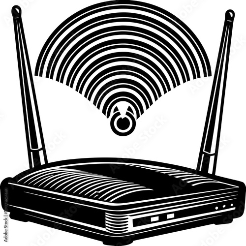 Wireless Router and its Signals: A sleek wireless router transmits radiating signals, symbolizing connectivity in the digital age. This image represents the modern technology.