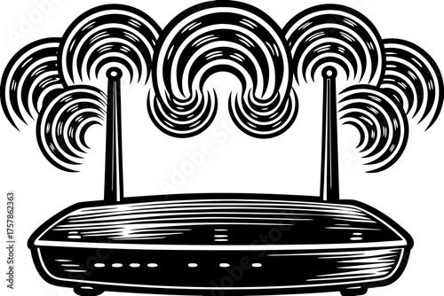 Wireless Router Connectivity: A detailed illustration of a wireless router emitting powerful signals, symbolizing modern connectivity and network access.
