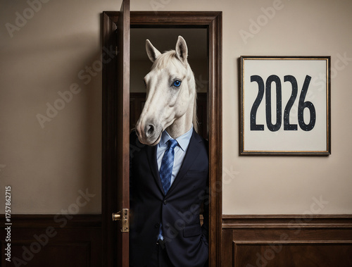 image of white horse with blue eyes, dressed in a businessman's business suit, peers into an open door in a respectable office with painting with the number 2026 on the office wall