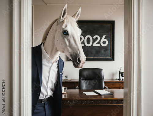 image of white horse with blue eyes, dressed in a businessman's business suit, peers into an open door in a respectable office with painting with the number 2026 on the office wall