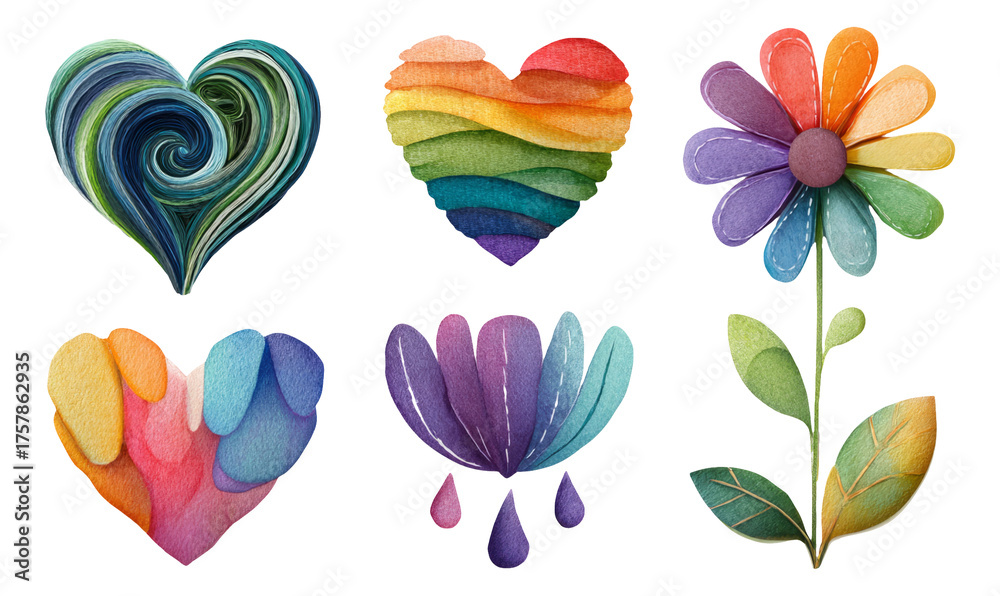 Fototapeta premium Colorful Hearts and Flower Design with Watercolor Style on Transparent Background