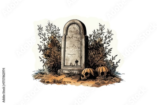 halloween tombstone with pumpkins and bushes clip art preview