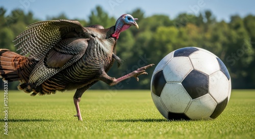Whimsical fowl plays soccer on grassy field captures the blend of wildlife and sports