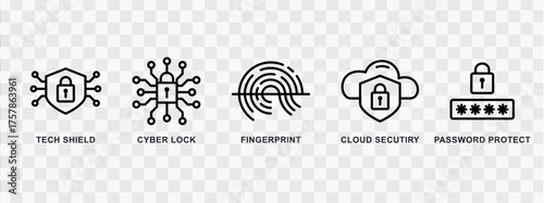 Set of digital security icons suitable for cybersecurity projects, technology websites, software interfaces