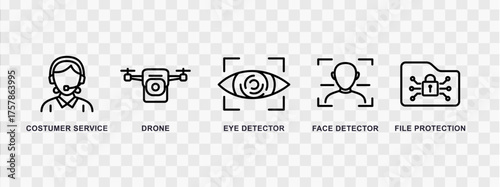 Set of icons representing customer service, drone, eye, face, and file protection, suitable for technology and security
