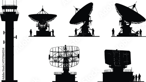 Radar antennas, satellite communication dishes, and control tower silhouette with engineers working on technology and network transmission equipment illustration