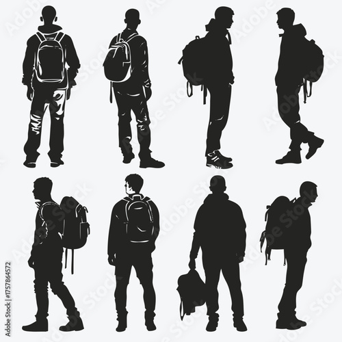 Collection of Young Men Silhouettes of Students, Travelers, and Urban People. Vector People Silhouettes for Architectural Rendering. Set of Student and Backpacker Silhouettes in Various Poses