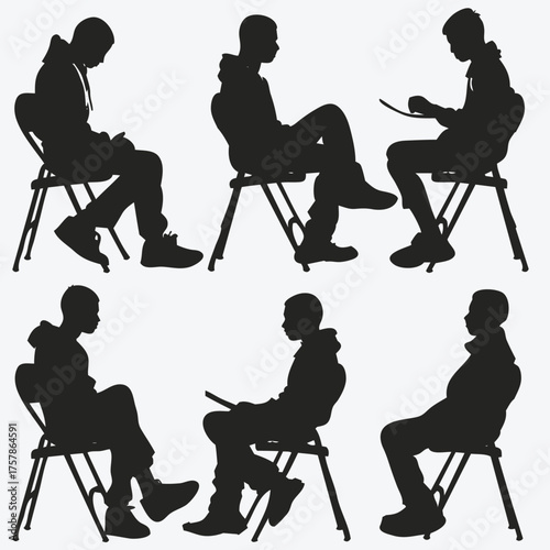 Collection of Young Men Silhouettes of Students, Travelers, and Urban People. Vector People Silhouettes for Architectural Rendering. Set of Student and Backpacker Silhouettes in Various Poses