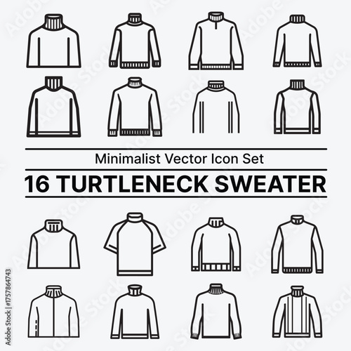 Turtleneck Sweater Line Icon Set. Vector Winter Clothing Collection. Minimalist Knitwear Icons for UI/UX and Fashion E-commerce. High Neck Jumper Symbols.