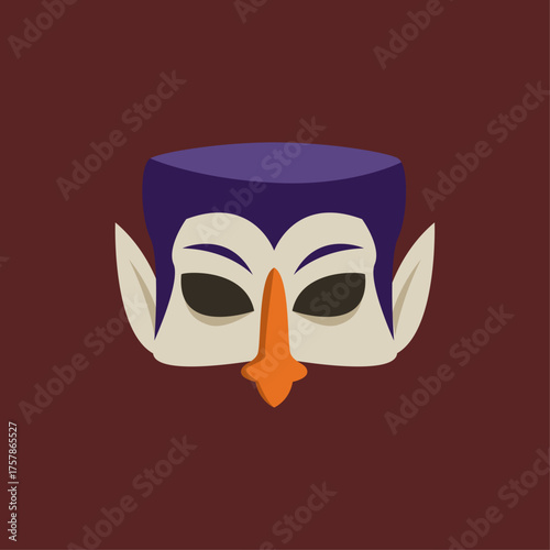 Illustration of a vampire mask with a purple widow's peak and a sharp nose against a dark red background