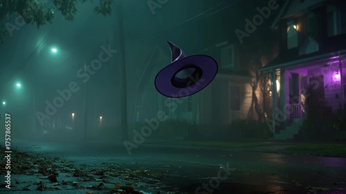 Mysterious Atmosphere of Floating Purple Witch Hat in Misty Street at Halloween Night