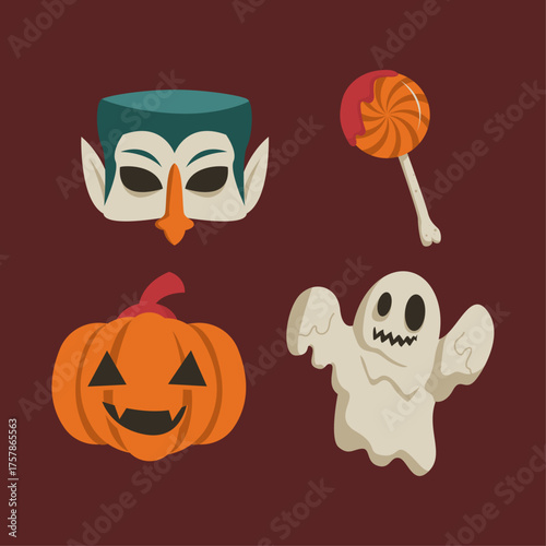 Cute Halloween Icons Pumpkin, Ghost, Vampire Mask, and Swirl Lollipop