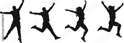 Silhouette of happy people jumping together, expressing joy, freedom, and success, energetic group lifestyle concept illustration for positive design inspiration