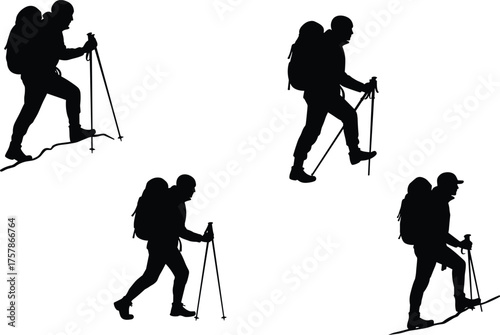 Silhouette of hikers walking with backpacks and trekking poles on mountain trail, outdoor adventure travel and hiking vector illustration design