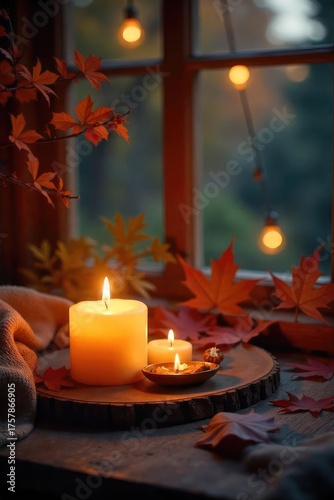 Cozy autumn evening scene featuring flickering candlelight illuminating a warm, inviting space Perfect for home decor, relaxation, and hygge-themed projects , serene, vintage, hearth