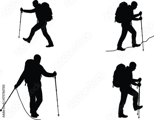 Silhouette of hikers walking with backpacks and trekking poles, mountain adventure travel, outdoor exploration and hiking activity vector illustration