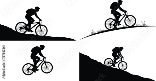 Silhouette of mountain biker riding uphill and downhill on trail, extreme cycling sport concept, outdoor adventure vector illustration design