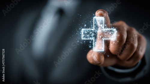Conceptual image of a person's finger touching a glowing cross sign with technology effects