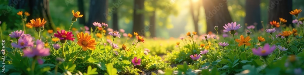 Fototapeta premium Lush wildflowers carpet a sun-dappled forest floor, creating a vibrant, natural scene bursting with color and life Perfect for nature, spring, and environmental themes , wilderness, field, petals