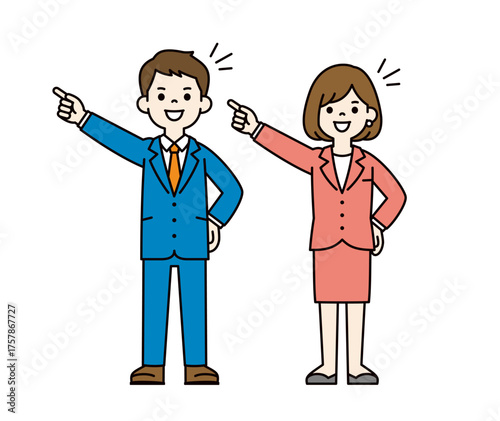 目標に向かってチャレンジする、若い会社員の男性と女性の全身ベクターイラスト素材＿カラー