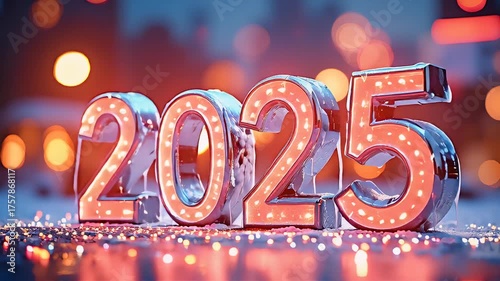A vibrant new year celebration transition from 2025 to 2026, featuring festive confetti, sparkling lights, and large digits in national