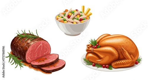 Delicious thanksgiving dinner with turkey, roast beef and pasta