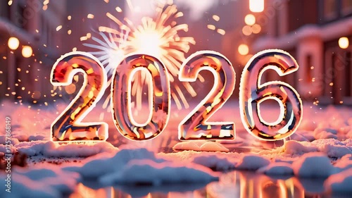 A vibrant new year celebration transition from 2025 to 2026, featuring festive confetti, sparkling lights, and large digits in national