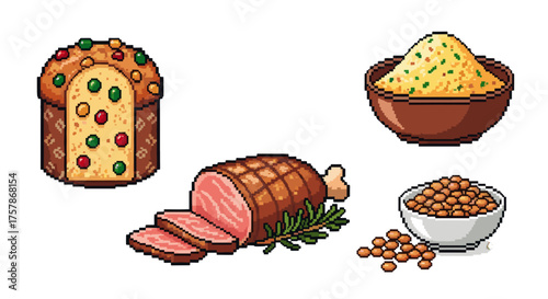 Pixel art of christmas food with panettone, roast beef, lentils and polenta