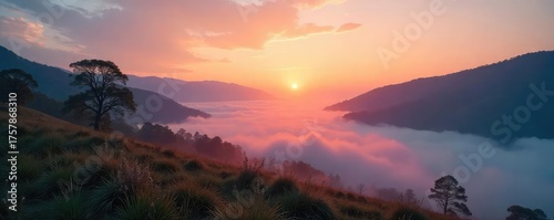 Serene landscape at dawn with mist rising, evoking feelings of peace and spiritual awakening; perfect for meditation, yoga, or mindfulness themes , aura, energy, majestic