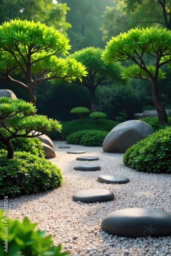 Serene zen garden scene featuring carefully raked gravel, smooth stones, and meticulously pruned plants Perfect for mindfulness, peace, tranquility, and spiritual themes , mindfulness, contemplation