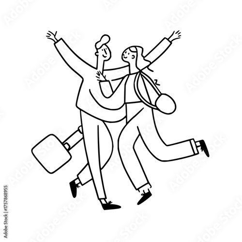 Happy couple traveling together line art vector illustration for travel and lifestyle content design projects