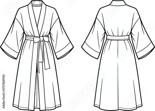 Women’s robe technical flat, wrap design fashion sketch, shawl collar garment drawing, wide sleeve illustration, apparel construction template, clothing design artwork