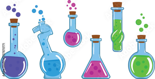 Colorful Cartoon Chemistry Flasks with Bubbles in Bright Primary Colors