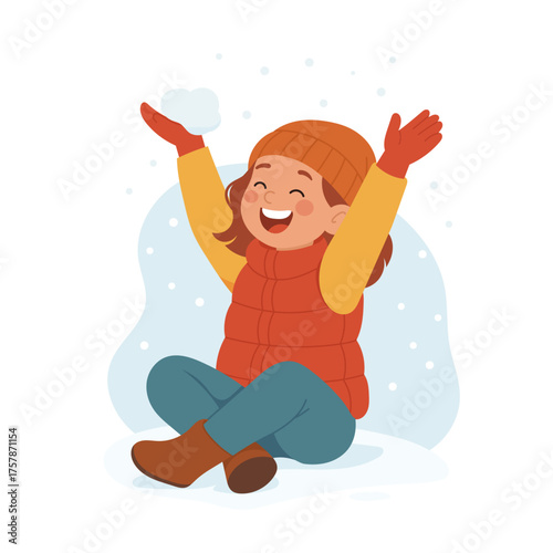 Smiling child sitting on ground enjoys winter fun, winter mood filled with laughter and playful energy, winter joy ideal for family greeting cards or cozy seasonal marketing visuals.