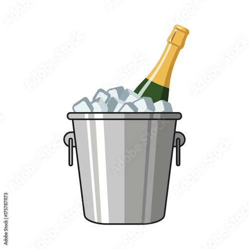 Champagne bottle chilling in a silver ice bucket with ice cubes.