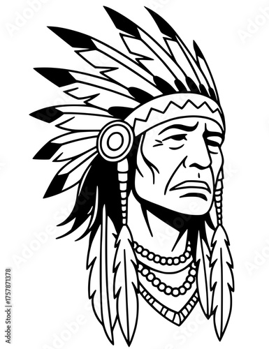 Native American chief with feather headdress portrait illustration. Indigenous tribal leader with war bonnet black line art.