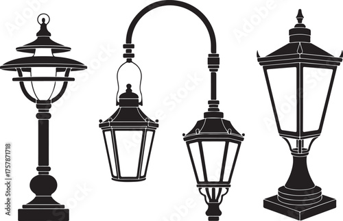 Four black silhouette vintage street lamps and lanterns on white background retro outdoor lighting