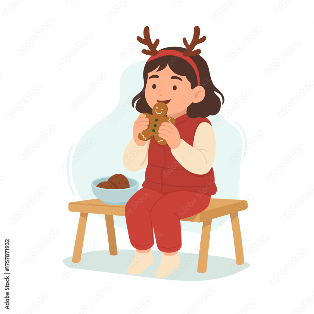 Obraz premium Smiling girl with reindeer headband enjoys gingerbread cookie, gingerbread symbolizing joy and cozy moments, gingerbread theme perfect for festive projects or Christmas greeting designs.