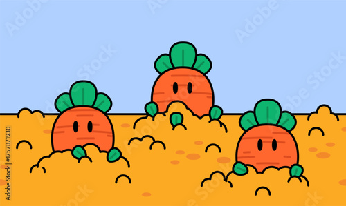Cartoon carrots buried in the ground vector illustration hand drawn style for farm background