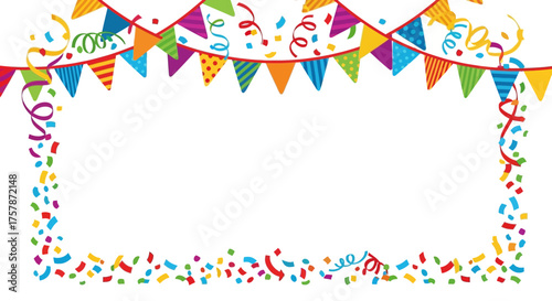 Festive Border of Colorful Bunting Flags and Confetti for Celebrations and Party Decorations