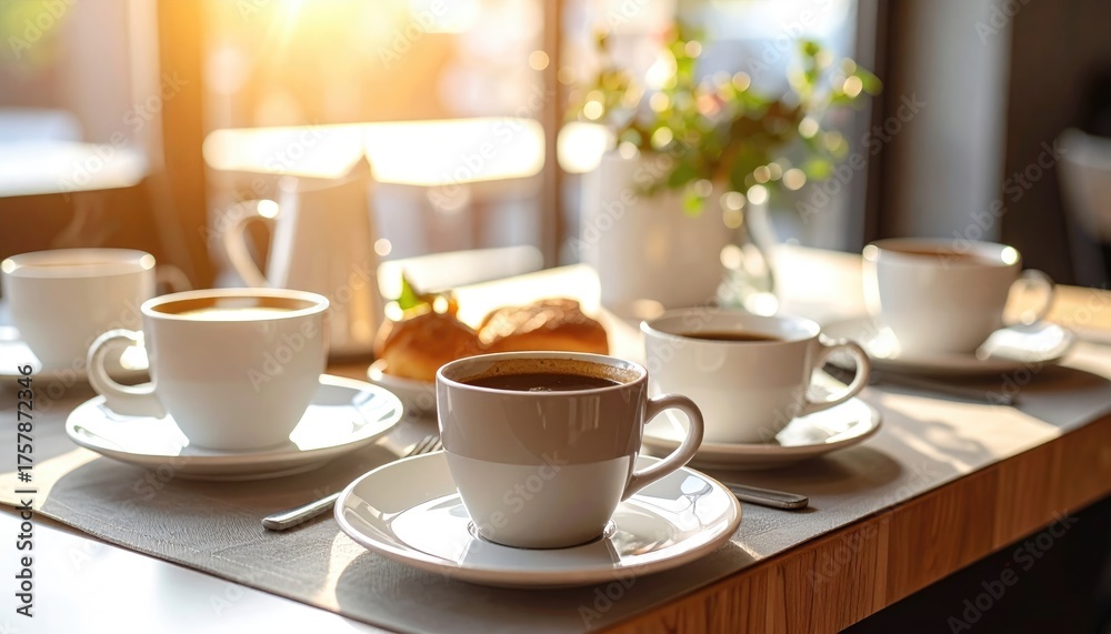 Obraz premium Morning Coffee And Croissants Served On A Table With Sunlight Streaming Through A Window Creating A Warm Inviting Atmosphere