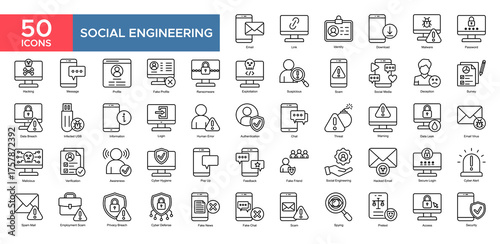 Social Engineering set. Email,Identity,Massage,Information,Humman Error,Chat,Feedback, icon. Simple outline vector illustration