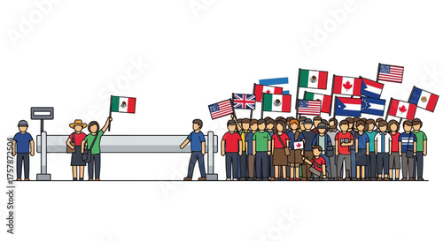 Border Crossing Diverse People, Flags, and Fence Illustration