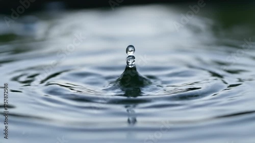 Mesmerizing slow motion close-up of crystal clear water drops gracefully falling and creating intricate ripples in a calm, reflective pond surface pure, intricate ripples, motion