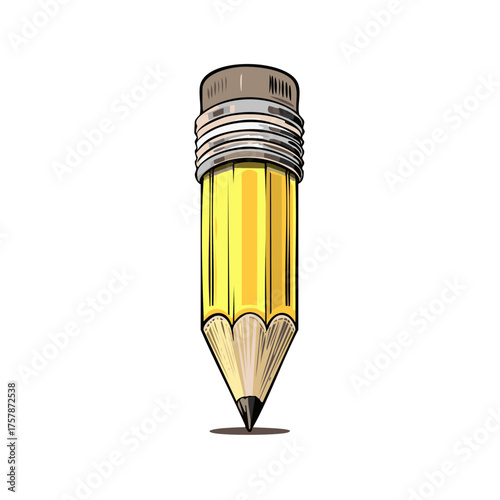 Short yellow pencil with eraser illustration for writing, drawing or sketching for projects and creative design