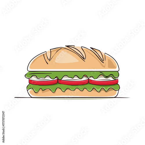 Simple illustration of a sub sandwich with lettuce and tomato slices on a white background