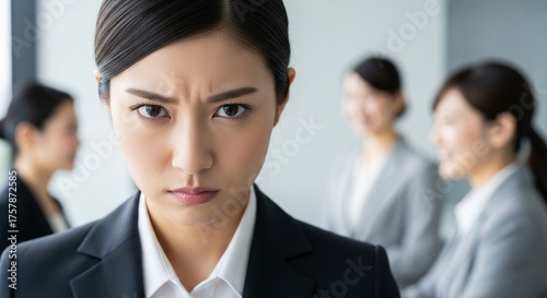 職場での孤立：他の社員が親しく会話している様子に嫉妬の表情を浮かべる日本人女性社員
