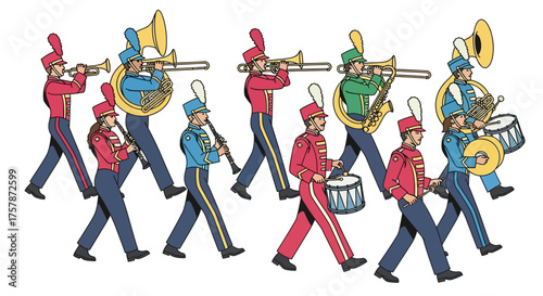 Marching band members in colorful uniforms perform with brass instruments and drums