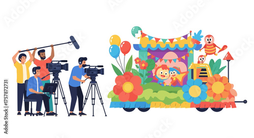 Filming a Festive Float Capturing Joy and Celebration at a Colorful Parade or Event